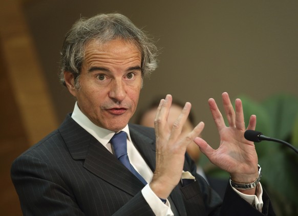 FILE - International Atomic Energy Agency (IAEA) Director General, Rafael Grossi, addresses the media after arriving at the Vienna International Airport in Schwechat, Austria, Tuesday, May 7, 2024. (A ...