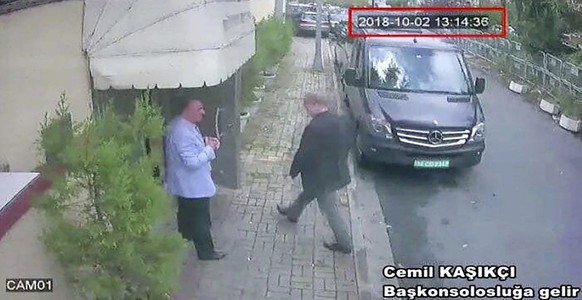 This image taken from CCTV video obtained by the Turkish newspaper Hurriyet and made available on Tuesday, Oct. 9, 2018 claims to show Saudi journalist Jamal Khashoggi entering the Saudi consulate in  ...