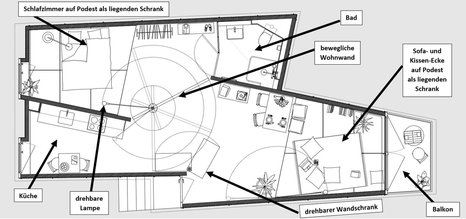 Der möblierte Grundriss des Mockup. Keine Wand ist parallel.