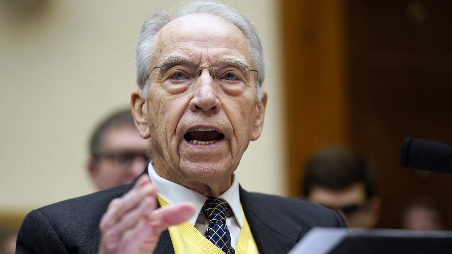FILE - Sen. Chuck Grassley, R-Iowa, testifies during a House Judiciary subcommittee hearing on Capitol Hill, Thursday, Feb. 9, 2023, in Washington. A U.S. Senate committee has accused the embattled Sw ...