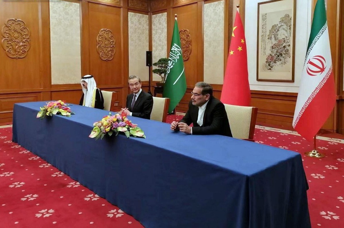 epa10513920 A handout photo made available by Nournews agency shows (R-L) Iranian secretary of the Supreme National Security Council Ali Shamkhani, Director of China's Office of the Central Forei ...