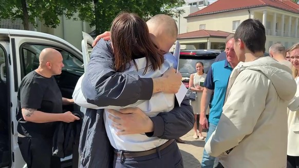 epa12189539 A still image taken from a handout video released on Svetlana Tikhanovskaya&#039;s official Telegram channel shows Belarusia opposition activist Svetlana Thikhanovskaya (front) and her hus ...
