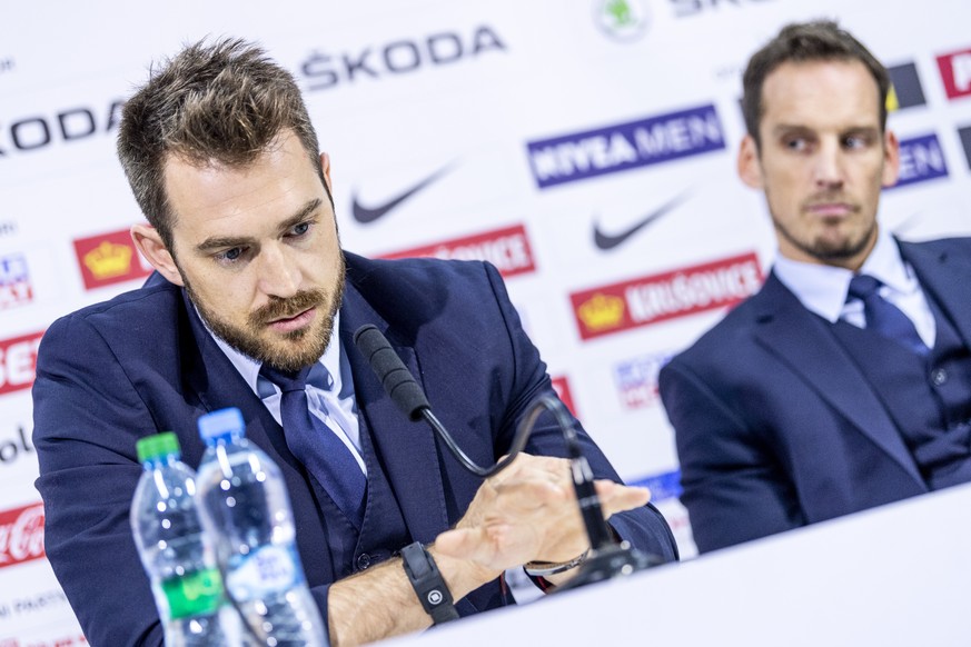 Switzerland`s team director Raeto Raffainer and the coach Patrick Fischer, from left, at the pressconference after losing the quarter final game between Canada and Switzerland, at the IIHF 2019 World  ...