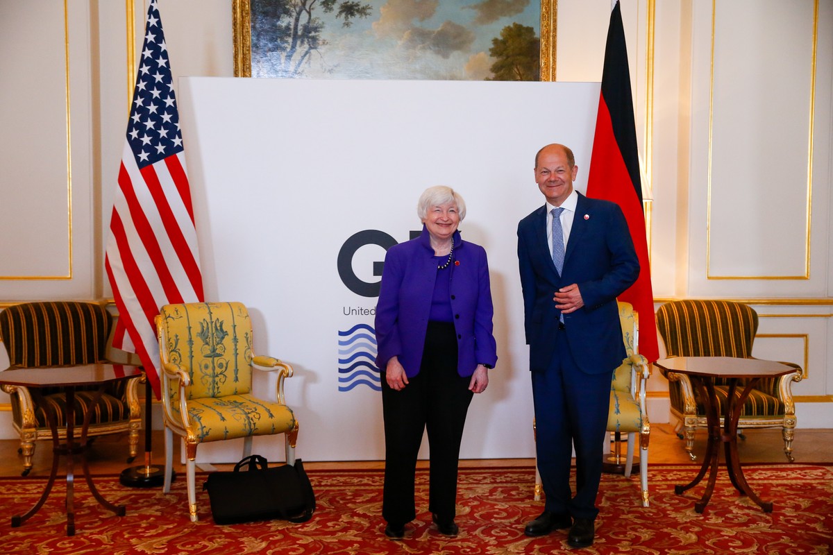 epa09248002 Janet Yellen, U.S. Treasury secretary, left, and Olaf Scholz, Germany's finance minister, during their bilateral meeting on the first day of the Group of Seven Finance Ministers summi ...