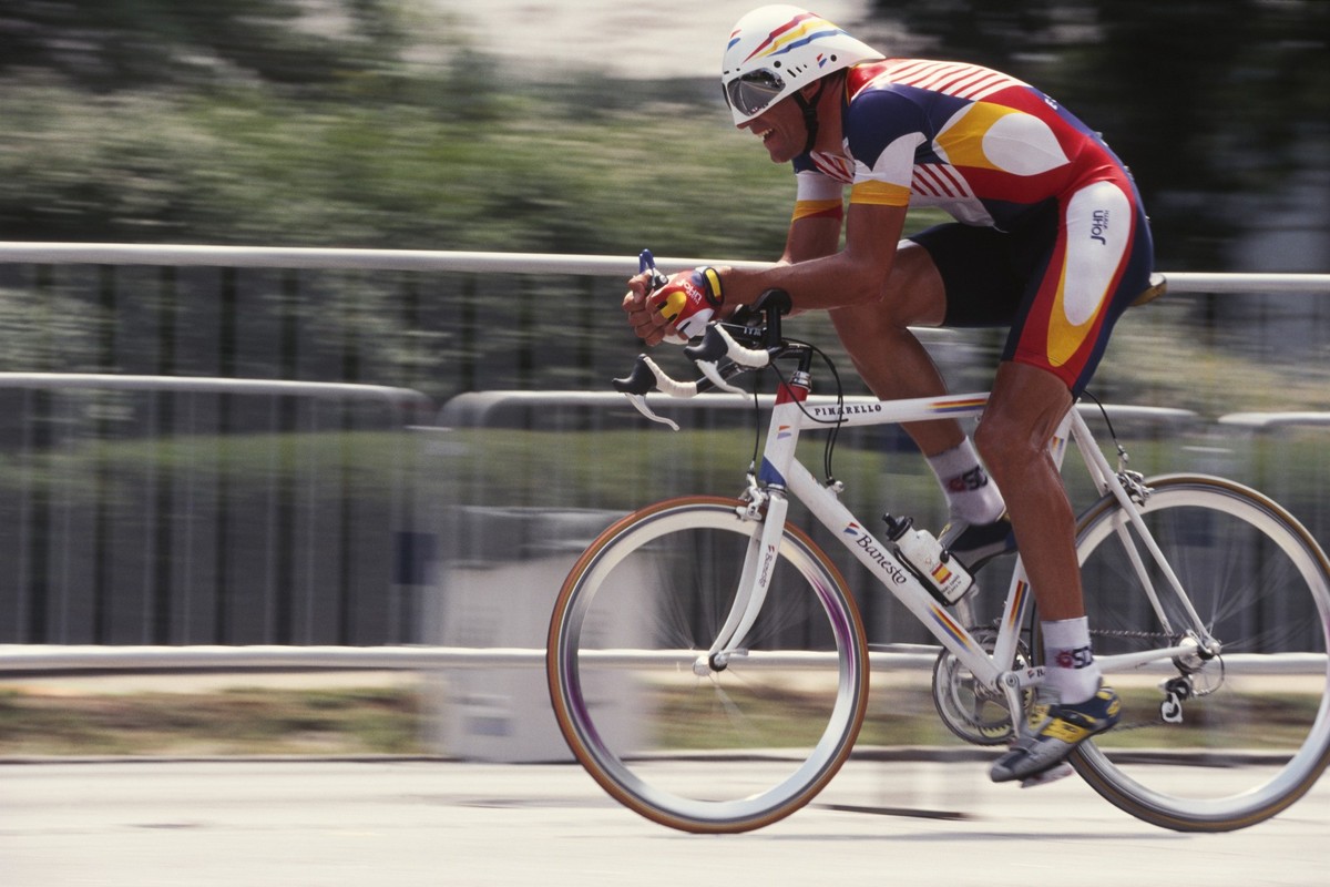 Cyclist Miguel Indurain in a time trial for the 1996 Olympic games. (Photo by HASLIN Frederic/Corbis via Getty Images)