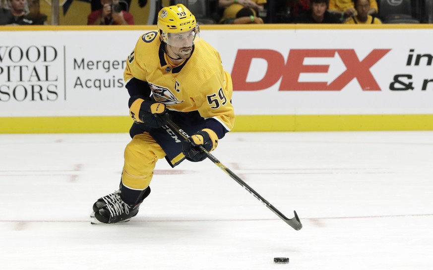 FILE - In this Sept. 21, 2018, file photo, Nashville Predators defenseman Roman Josi plays against the Tampa Bay Lightning during an NHL preseason hockey game Friday, Sept. 21, 2018, in Nashville, Ten ...