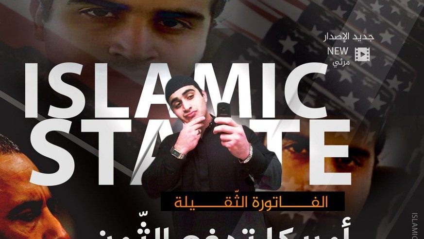 This poster, distributed by an Islamic state militant supporter to advertise a new propaganda video, shows Omar Mateen who killed 49 people at the Pulse nightclub in Orlando, Florida, with &#039;Islam ...