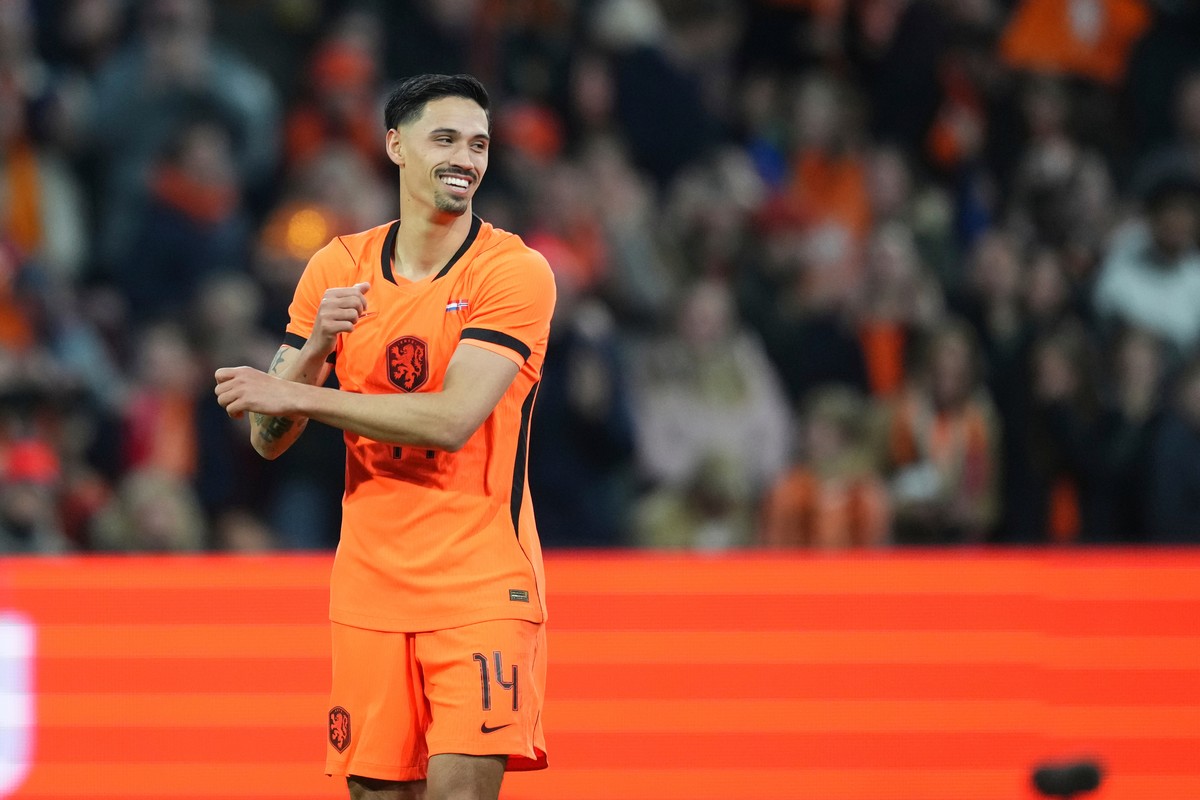 Netherlands' Tijjani Reijnders celebrates after scoring his side's second goal during the international friendly soccer match between the Netherlands and Norway in Amsterdam, Netherlands, Fr ...