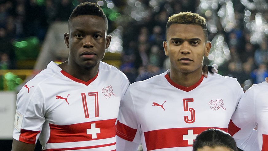 From left to right on the back row, Switzerland's midfielder Denis Zakaria, Switzerland's defender Manuel Akanji, Switzerland's midfielder Granit Xhaka, Switzerland's forward Haris ...