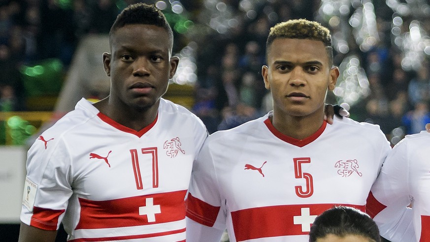 From left to right on the back row, Switzerland&#039;s midfielder Denis Zakaria, Switzerland&#039;s defender Manuel Akanji, Switzerland&#039;s midfielder Granit Xhaka, Switzerland&#039;s forward Haris ...