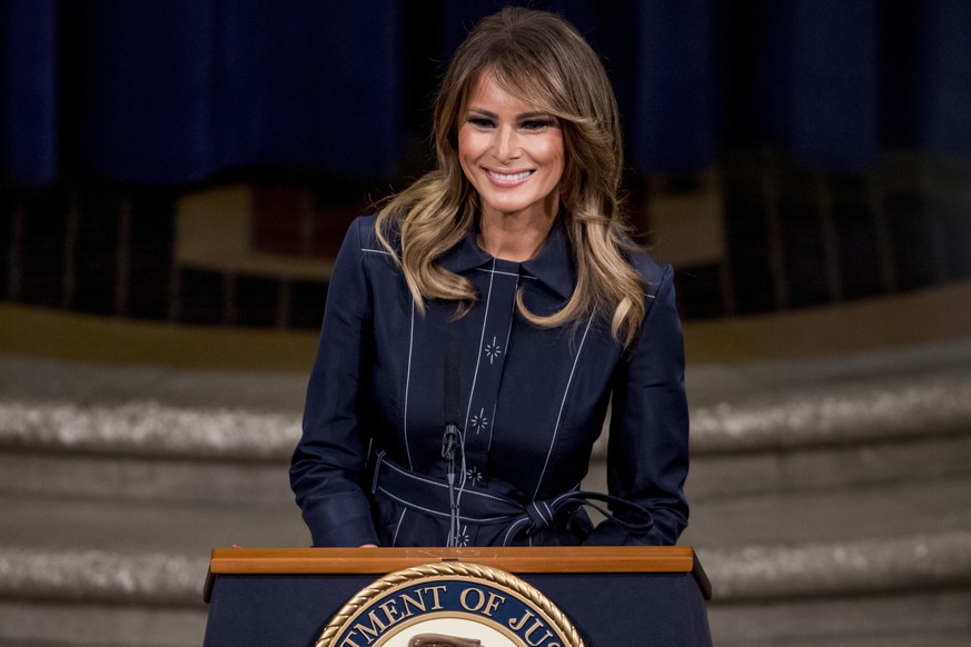 First lady Melania Trump smiles during a speech at the Justice Department&#039;s National Opioid Summit at the Department of Justice, Friday, March 6, 2020, in Washington. (AP Photo/Andrew Harnik)
Mel ...