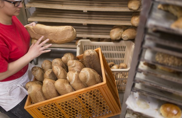 An employee of Hirschi Beck in Berne, Switzerland, sorts whole-grain bread, April 16, 2014. Hirschi Beck, a local bakery, produces bread between midnight and morning. They use local ingredients as muc ...