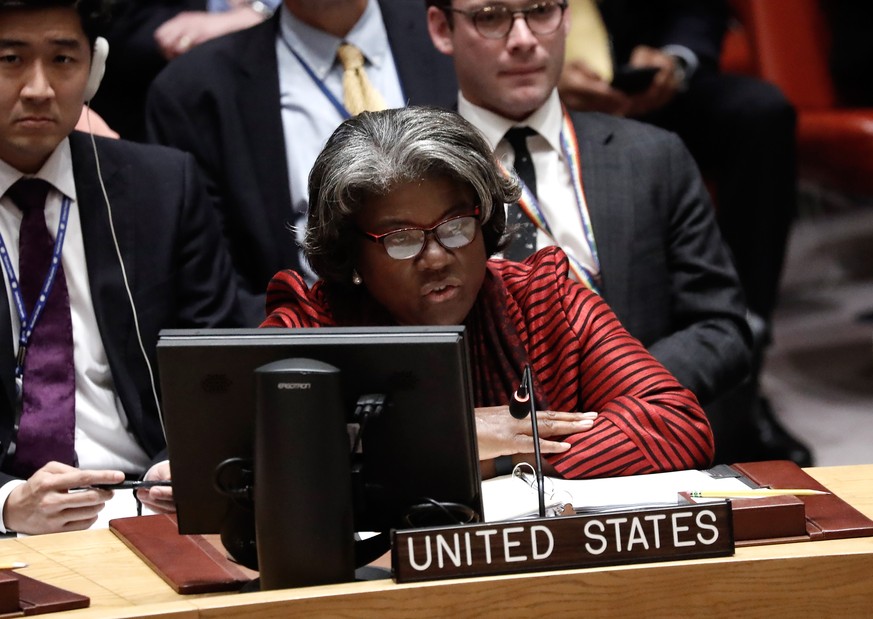 epa10216590 US Ambassador to the United Nations Linda Thomas-Greenfield speaks during a United Nations Security Council meeting on the situation in Ukraine at United Nations Headquarters in New York,  ...