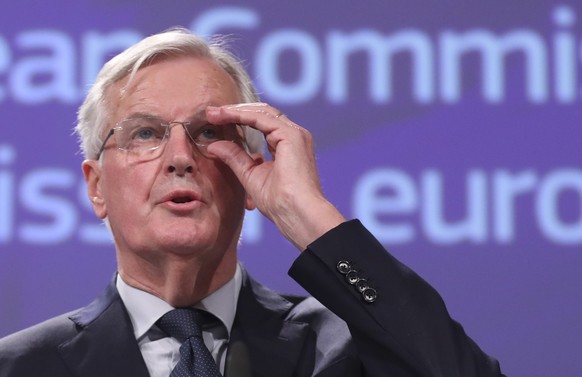 epa07165567 Michel Barnier, the European Chief Negotiator of the Task Force for the Preparation and Conduct of the Negotiations with the United Kingdom under Article 50 gives a press briefing at EU co ...