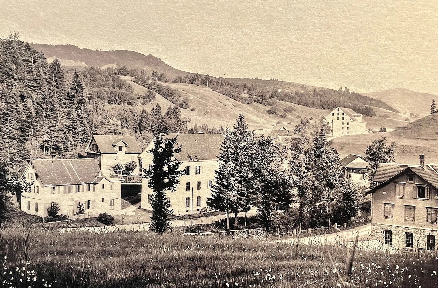 Erziehungs- und Arbeitsanstalt am Gubel (Bildmitte) in Neuägeri, im Hintergrund die Spinnerei. Im Gebäude hinter dem Baum lebten die Kinder. 1900–1913.