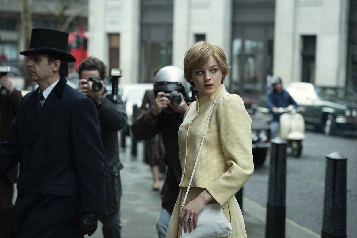 This image released by Netflix shows Emma Corrin in a scene from "The Crown." Season four premieres on Sunday, Nov. 15. (Des Willie/Netflix via AP)