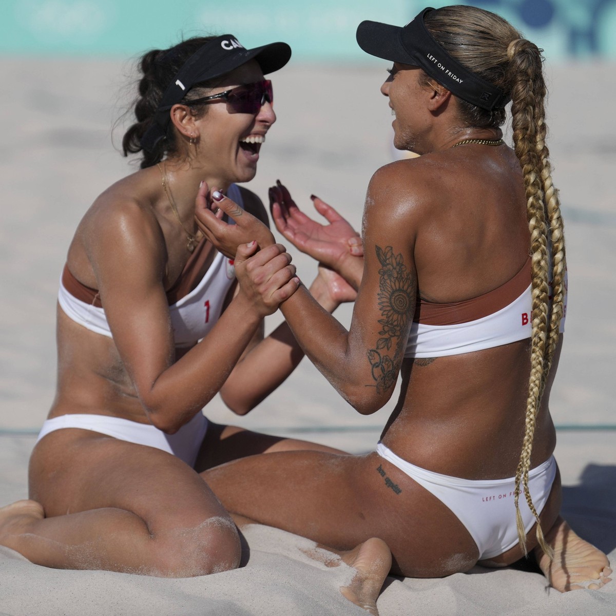 Olympics: Beach volleyball, Beachvolleyball Aug 8, 2024 Paris, France Canadas Melissa Humana-Paredes 1 and Canadas Brandie Wilkerson 2 during the Paris 2024 Olympic Summer Games at Eiffel Tower Stadiu ...