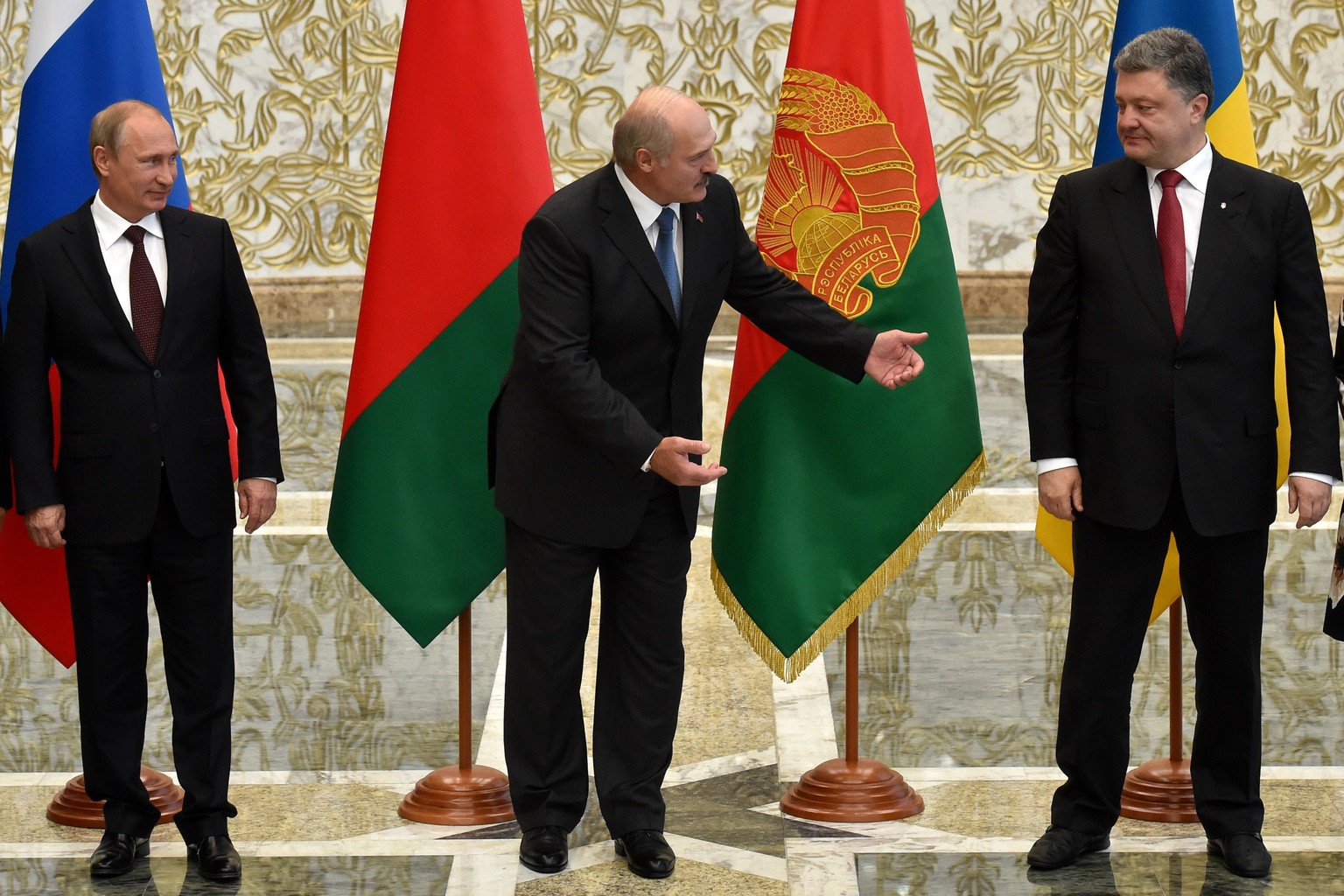Staatspräsidenten Putin, Lukaschenko, Poroschenko in Minsk: hehre Absichten.&nbsp;