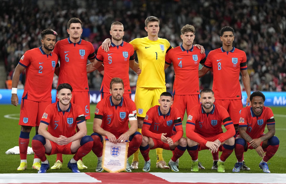 England's starting players pose for a team photo at the beginning of the UEFA Nations League soccer match between England and Germany at the Wembley Stadium in London, England, Monday, Sept. 26,  ...