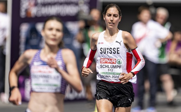 Fabienne Schlumpf of Switzerland in action during the women&#039;s half marathon final at the European Athletics Championships, in the Olympic stadium, in Rome, Italy, Sunday, June 9, 2024. (KEYSTONE/ ...