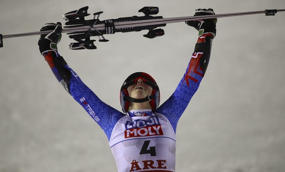 Slovakia&#039;s Petra Vlhova celebrates after winning the women&#039;s giant slalom, at the alpine ski World Championships in Are, Sweden, Thursday, Feb. 14, 2019. (AP Photo/Alessandro Trovati)