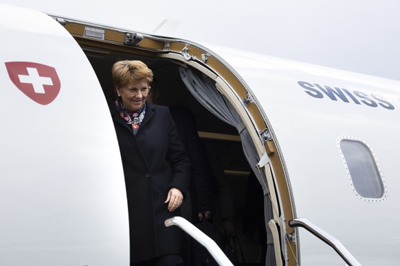 Swiss Federal President Viola Amherd disembarks at Lennart Meri Airport in Tallinn, Estonia, on Monday, February 5, 2024.  Swiss Federal President Viola Amherd is on a four-day visit to ...