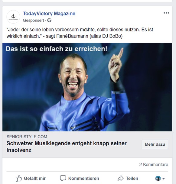 Betrügerische Anzeige auf Facebook in holprigem Deutsch: «Jeder der seine leben verbessern möchte, sollte dieses nutzen. Es ist wirklich einfach. – sagt RenéBaumann (alias DJ BoBo)».