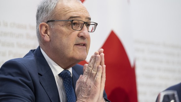 Bundesrat Guy Parmelin spricht an einer Medienkonferenz zur Foerderung von Bildung, Forschung und Innovation in den Jahren 2025-2028, am Freitag, 8. Maerz 2024, in Bern. (KEYSTONE/Peter Schneider)