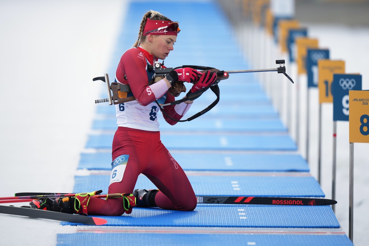Lea Meier, of Switzerland, competes in the women's 15-kilometer individual biathlon race at the 2026 Winter Olympics in Anterselva, Italy, Wednesday, Feb. 11, 2026. (AP Photo/Andrew Medichini)
Le ...