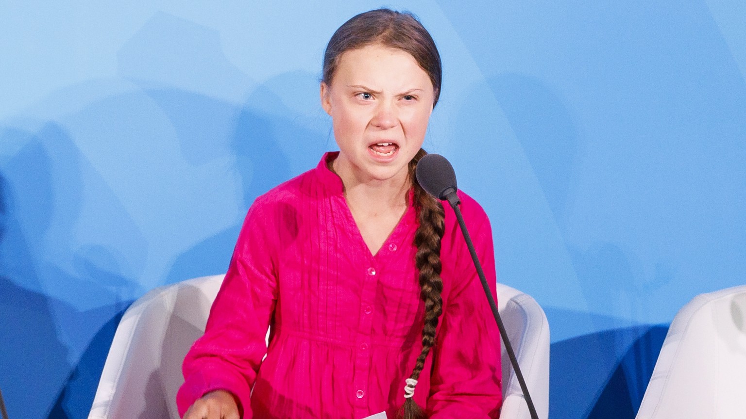 epa07864221 Greta Thunberg, the 16-years-old climate activist from Sweden, addresses world leaders at the start of the 2019 Climate Action Summit which is being held in advance of the General Debate o ...