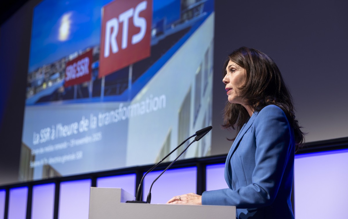 Susanne Wille, directrice generale de la SSR, parle lors de la 6eme edition du Forum des medias romands, FMR, ce mercredi 19 novembre 2025 a Lausanne. (KEYSTONE/Cyril Zingaro)