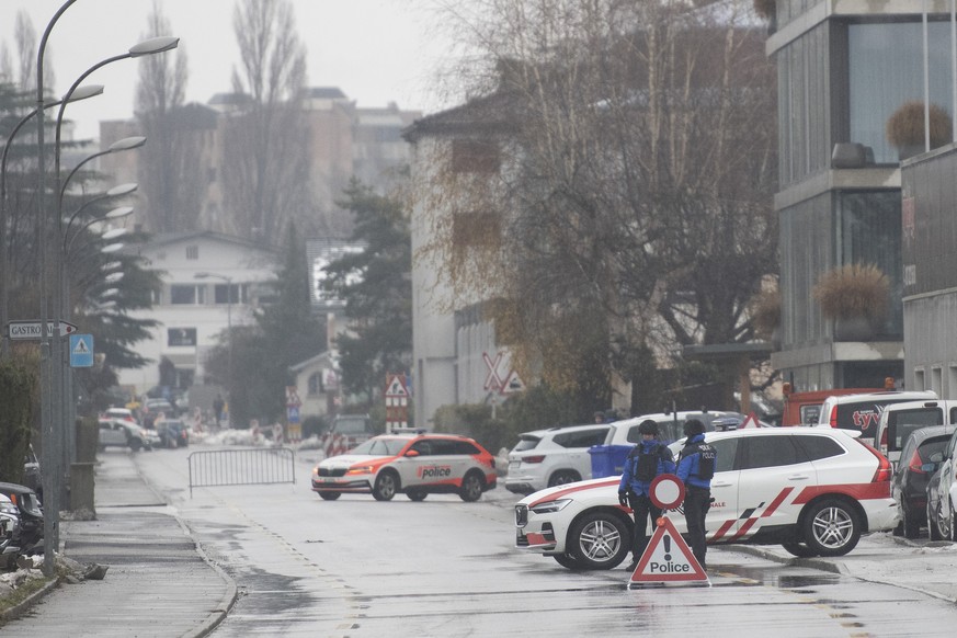 road closed by police after shooting, in Sion, Switzerland, Monday, December 11, 2023. According to the police of the canton of Valais. An individual fired several shots in Sion on Monday morning, at  ...