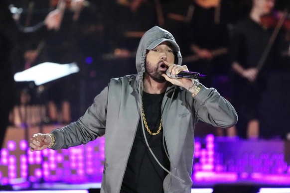 FILE - Eminem performs during &quot;Live From Detroit: The Concert at Michigan Central,&quot; on June 6, 2024, in Detroit. (AP Photo/Carlos Osorio, File)