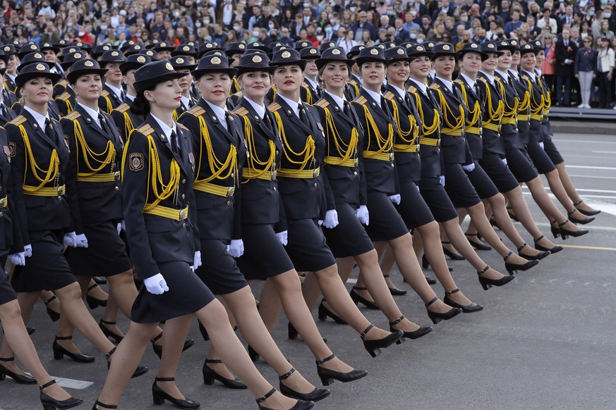 Belarusian soldiers perform during the Victory Day military parade that marked the 75th anniversary of the allied victory over Nazi Germany, in Minsk, Belarus, Saturday, May 9, 2020. Belarus remains o ...