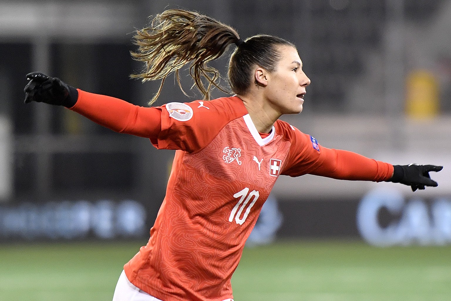 Swiss Ramona Bachmann celebrates after the fourth goal during the UEFA Women&#039;s Euro 2021 Group H qualifying soccer match between Switzerland and Romania in Schaffhausen, Switzerland, November 12, ...