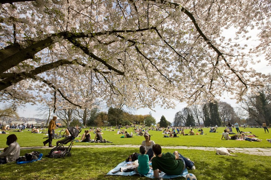 Menschen geniessen das schoene Wetter und die sommerhaften Temperaturen am Sonntag, 3. April 2011 in Zuerich. (KEYSTONE/Alessandro Della Bella)