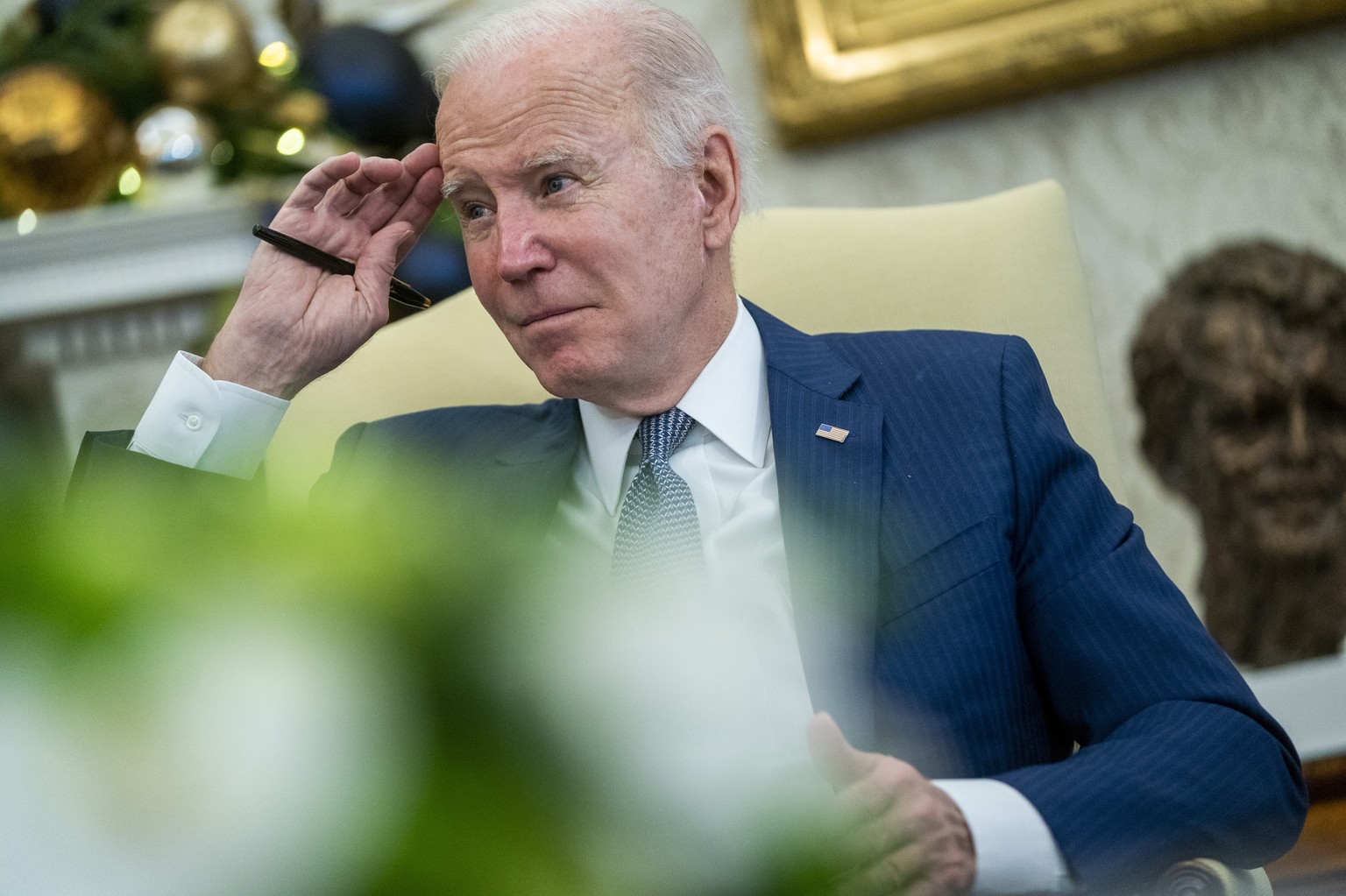 epa09640518 US President Joe Biden responds to a question from the news media following a briefing from Secretary of Homeland Security Alejandro Mayorkas, FEMA Administrator Deanne Criswell, and Homel ...