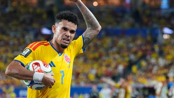 Colombia's Luis Diaz (7) reacts during the World Cup Group K soccer match between Colombia and Portugal in Miami Gardens, Fla., Saturday, June 27, 2026. (AP Photo/Rebecca Blackwell)
Luis Diaz