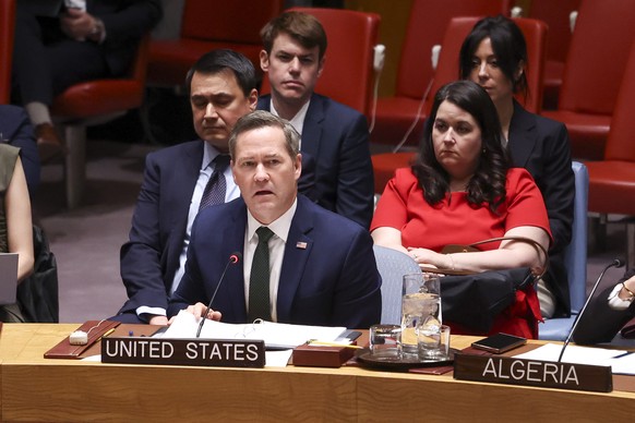 epa12538518 US Ambassador Mike Waltz (C) speaks during a United Nations Security Council meeting discussing the maintenance of peace and security of Ukraine at United Nations Headquarters in New York, ...