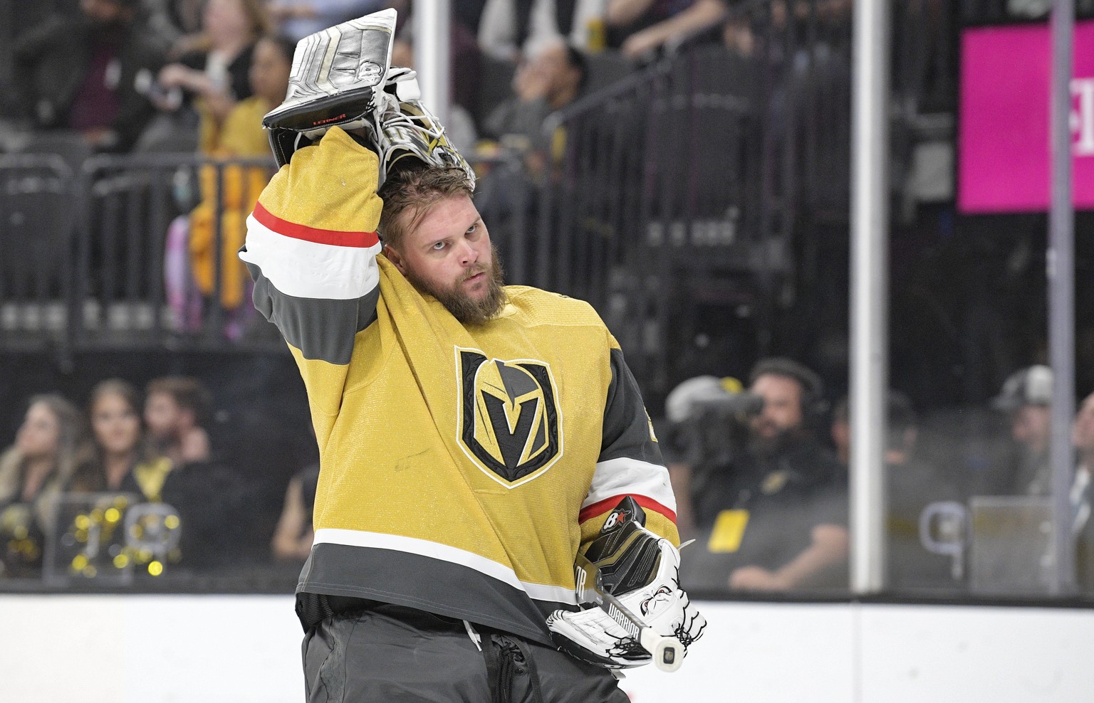 Vegas Golden Knights goaltender Robin Lehner puts his helmet on before the team&#039;s NHL game against the Washington Capitals on Wednesday, April 20, 2022, in Las Vegas. (AP Photo/Sam Morris)