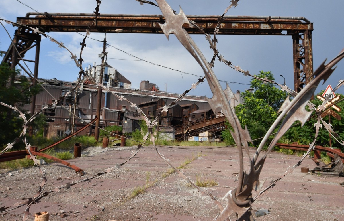 A view of the destroyed part of the Ilyich Iron and Steel Works in the Russian-controlled Azov Sea port city of Mariupol in southeastern Ukraine on July 16, 2025, amid the ongoing Russian-Ukrainian co ...