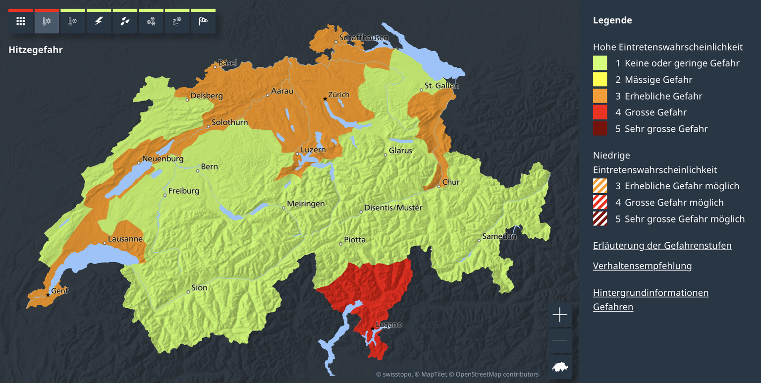 Hitzewarnung des Bundesamtes für Meteorologie und Klimatologie MeteoSchweiz am 11. August 2026.