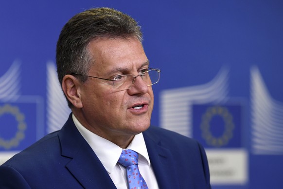 European Union commission Vice-President Maros Sefcovic answers questions remotely from journalists after a bilateral meeting with the Minister of Foreign Affairs of Switzerland at EU headquarters in  ...