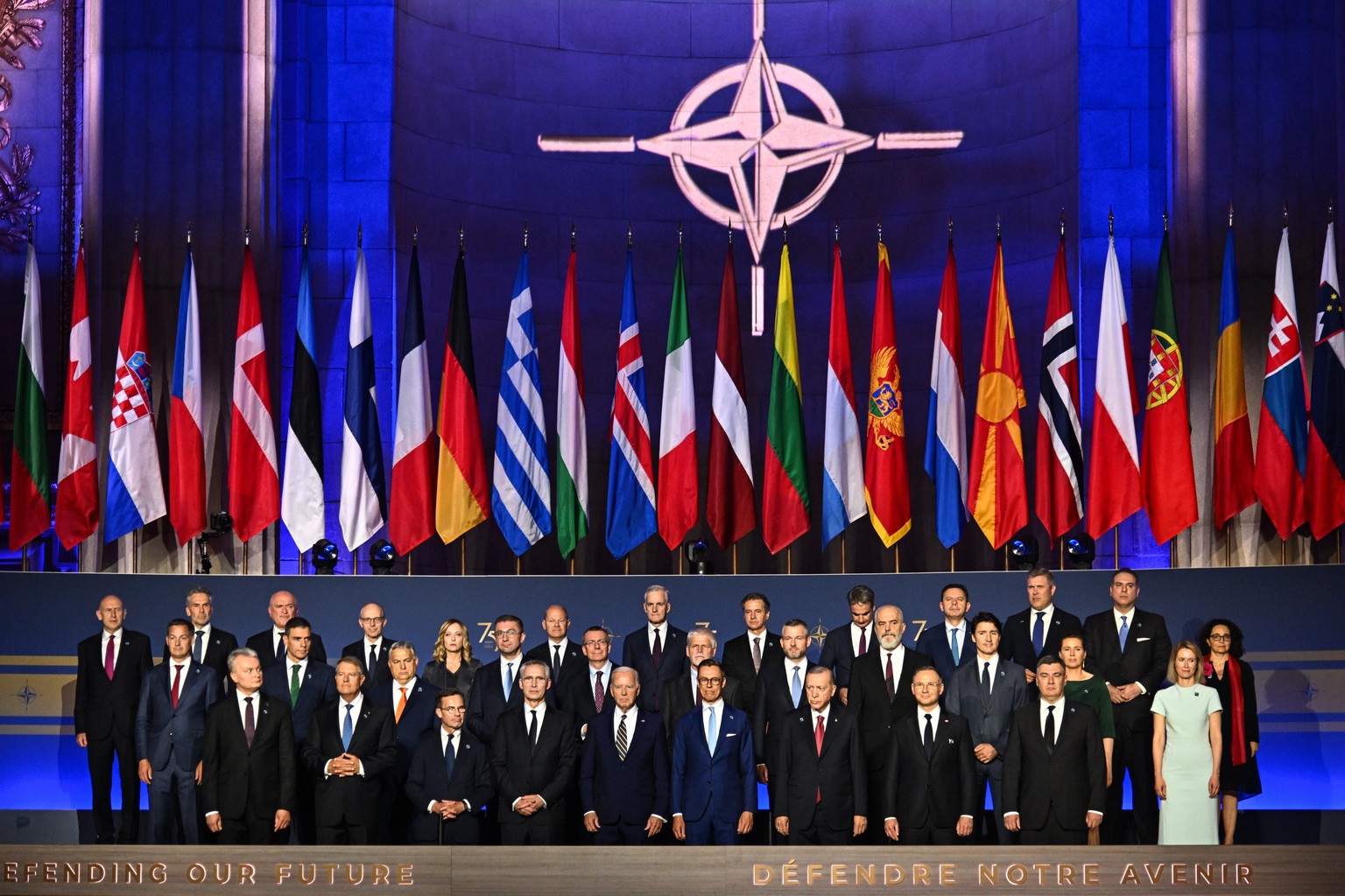 epa11469777 Leaders of NATO member countries and NATO Secretary General Jens Stoltenberg gather for a group photo at the NATO 75th Anniversary ceremony at the Mellon Auditorium in Washington, DC, USA, ...