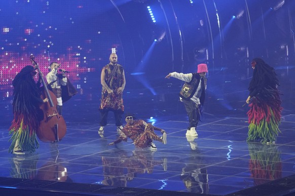 Kalush Orchestra from Ukraine singing Stefania performs during rehearsals at the Eurovision Song Contest in Turin, Italy, Monday, May 9, 2022. (AP Photo/Luca Bruno)