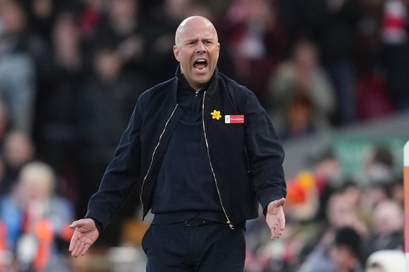 Liverpool's manager Arne Slot reacts during the Premier League soccer match between Liverpool and Tottenham in Liverpool, England, Sunday, March 15, 2026. (AP Photo/Jon Super)
Arne Slot