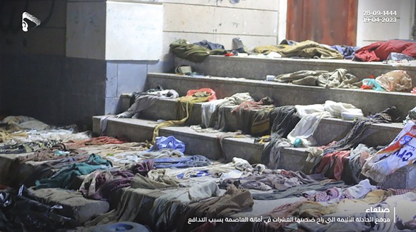 This image, released by ANSAR ALLAH HOUTHI MEDIA OFFICE, shows the aftermath of a deadly stampede in Sanna, Yemen, Wednesday, April 19, 2023. Gunfire and an electrical explosion apparently startled a crowd…