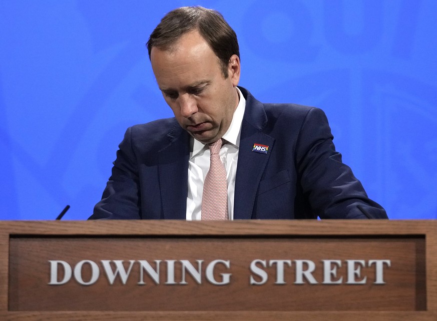 FILE - In this file photo dated Thursday, May 27, 2021, Britain&#039;s Health Secretary Matt Hancock speaks during a coronavirus media briefing from Downing Street in London. Britain