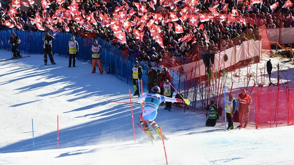 Switzerland&#039;s Daniel Yule competes during an alpine ski, World Cup Men&#039;s slalom in Adelboden, Switzerland, Sunday, Jan. 12, 2020. (AP Photo/Marco Tacca)