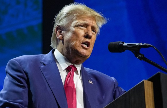 FILE - Former President Donald Trump speaks at the National Rifle Association Convention in Indianapolis, Friday, April 14, 2023. Trump has raised more than $34 million for his 2024 campaign since the ...